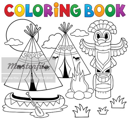 Coloring book Native American campsite - eps10 vector illustration.