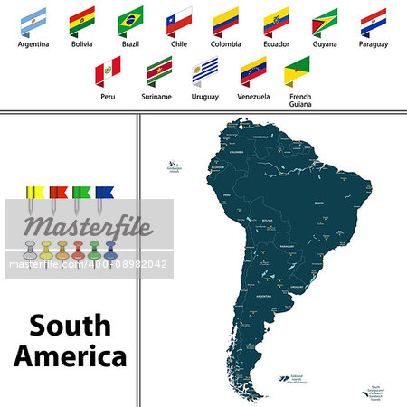 Vector map of South America with countries, big cities and icons