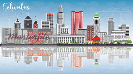 Columbus Skyline with Gray Buildings, Blue Sky and Reflections. Vector Illustration. Business Travel and Tourism Concept with Modern Architecture. Image for Presentation Banner Placard and Web Site.