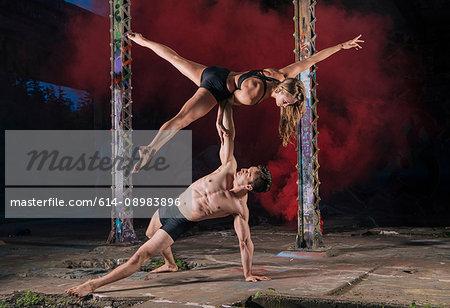 Acrobats performing on outdoor stage, Bainbridge, Washington, USA