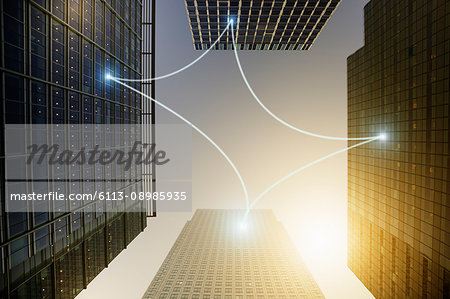 Fiber optic light communication connecting highrise buildings, concept