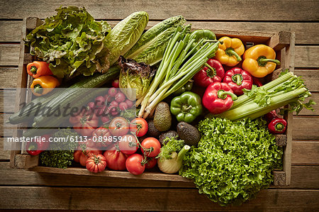 Still life fresh, organic, healthy vegetable harvest variety in wood crate