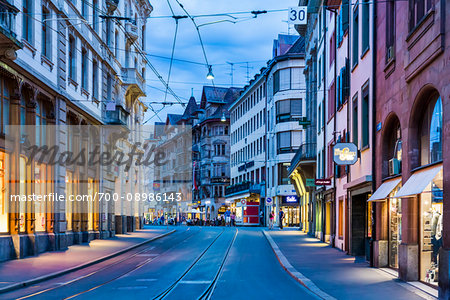 Street scene in the city center of the Old Town of Basel at dusk, Switzerland