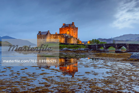 Eilean Donan Castle at dusk near Kyle of Lochalsh in Scotland, United Kingdom