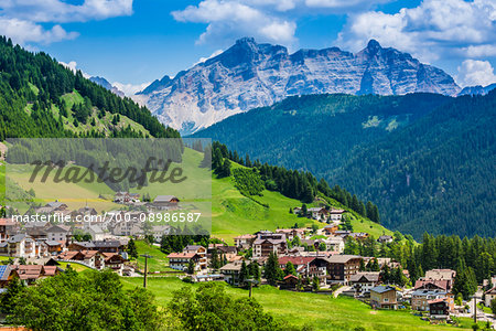 Scenic overview of the township of Corvara in the Dolomites in South Tyrol, Italy