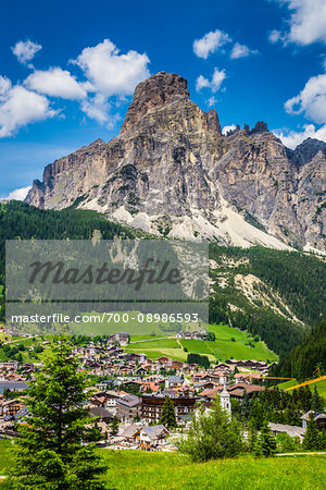 Scenic overview of the township of Corvara in the Dolomites in South Tyrol, Italy