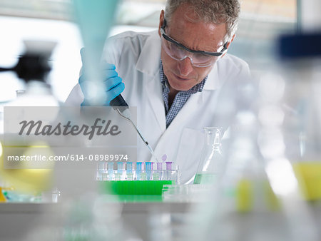 Scientist pipetting samples into eppendorf tubes for testing during an experiment in the laboratory Scientist pipetting samples into eppendorf tubes for testing during an experiment in the laboratory
