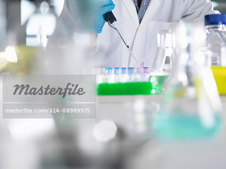 Scientist pipetting samples into eppendorf tubes for testing during an experiment in the laboratory Scientist pipetting samples into eppendorf tubes for testing during an experiment in the laboratory