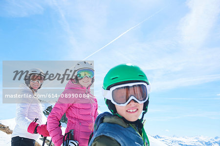 Mother, daughter and son on skiing holiday, Hintertux, Tirol, Austria