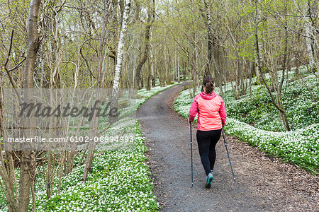 Woman Nordic walking in spring forest