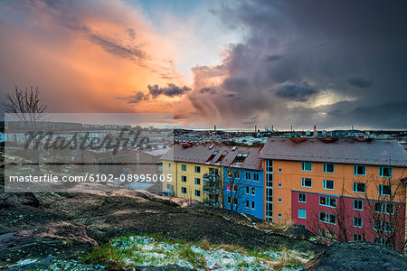 Sunset over city buildings