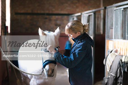 Woman with horse in stable