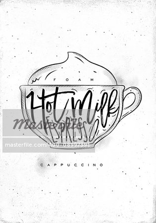 Cappuccino cup lettering foam, hot milk, espresso in vintage graphic style drawing on dirty paper background