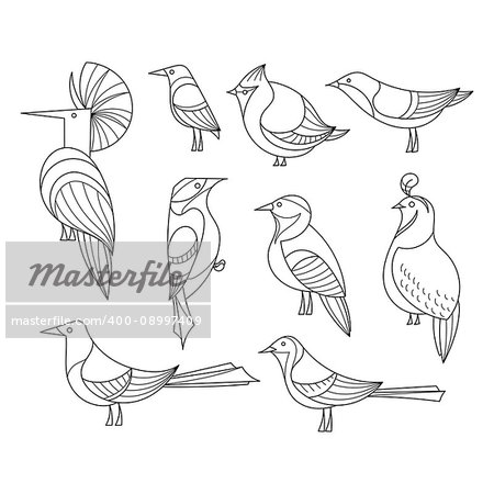 Birds set. Lined vector collextion. Abstract art, logo, icons.