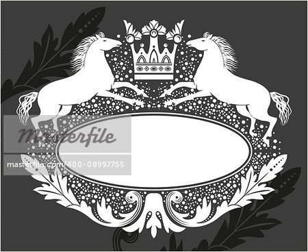 Black and white floral frame with crown and horses