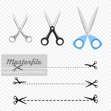 Different scissors set collectoin and scissor cutting line silhouette on transparent background