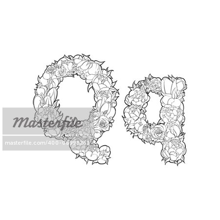 Black and white alphabet with flowers. The letter Q