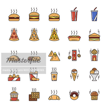 Illustrations set of junk and fast food on colored background