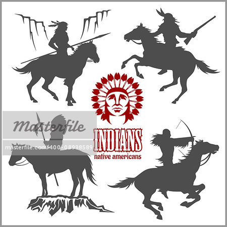 wild west silhouettes - native american warriors riding horses. Vector illustration isolated on white.