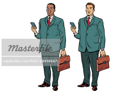 Two fat businessmen African American and Caucasian. Man with phone and briefcase in a business suit. Pop art retro vector illustration