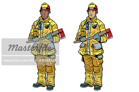 African American and Caucasian firemen in uniform with axes. Black and white professionals. Pop art retro comic book vector illustration