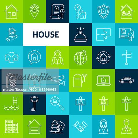 Vector Line House Icons. Thin Outline Real Estate Symbols over Colorful Squares.