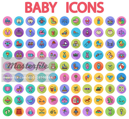 Baby icons set. Flat vector related icons set with long shadow for web and mobile applications. It can be used as - logo, pictogram, icon, infographic element. Vector Illustration.