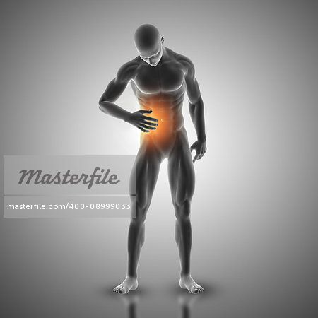 3D render of a male figure holding stomach in pain