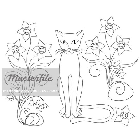 Hand drawn cartoon cat and flowers for decorate kids room, dishes; cup; wall, children coloring books, illustration. eps 10