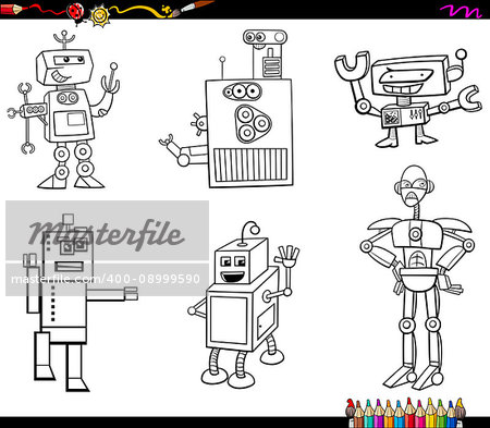 Black and White Cartoon Illustration of Robot Fantasy Characters Set Coloring Book