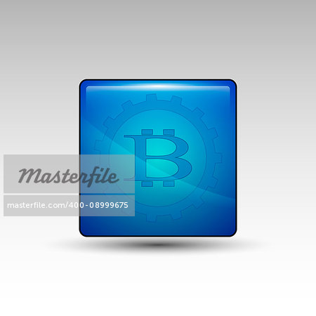Vector illustration of blue square with gear and bitcoin sign inside.