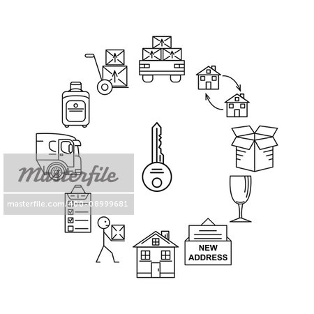 Moving. Thin line art icons. Flat style illustrations isolated. Line art icon infographic set