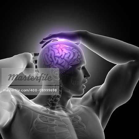 3D render of a male figure holding head with brain highlighted