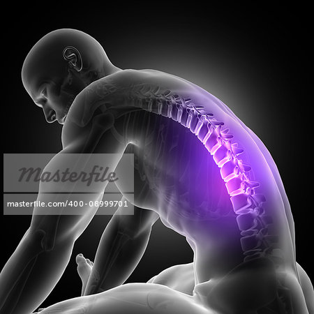 3D render of a male figure leaning over with spine highlighted