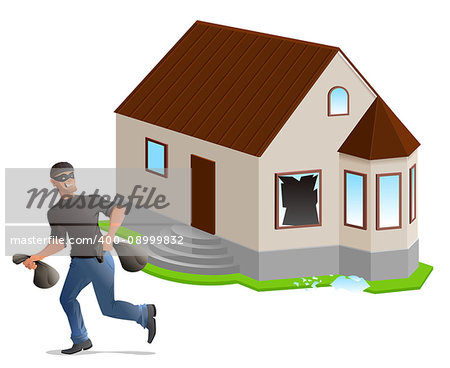 Man thief robbed house. Home insurance. Isolated on white vector illustration