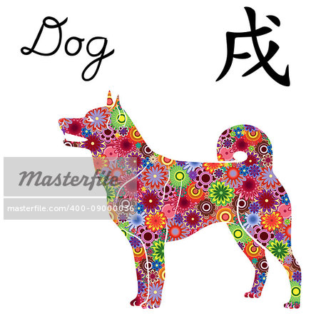 Chinese Zodiac Sign Dog, symbol of New Year on the Eastern calendar, hand drawn vector stencil with color geometric flowers isolated on a white background