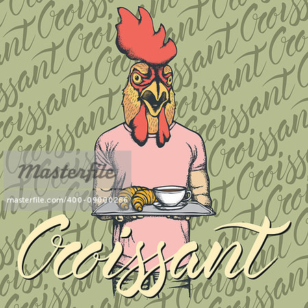 Breakfast vector concept. Illustration of rooster with croissant and coffee