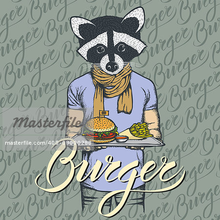 Fast food vector concept. Illustration of raccoon with burger and French fries