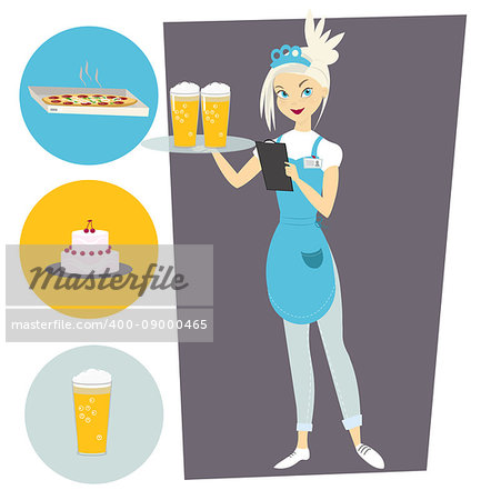 Waitress with a tray and a beer. Set with food objects