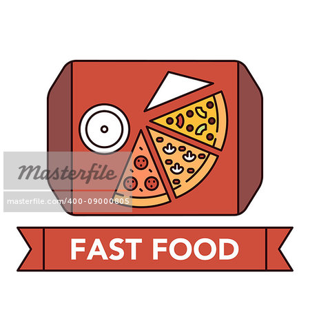 Illustration set of different kinds of pizza on white background with lettering on a red ribbon. Junk food and unhealthy lifestyle topic.