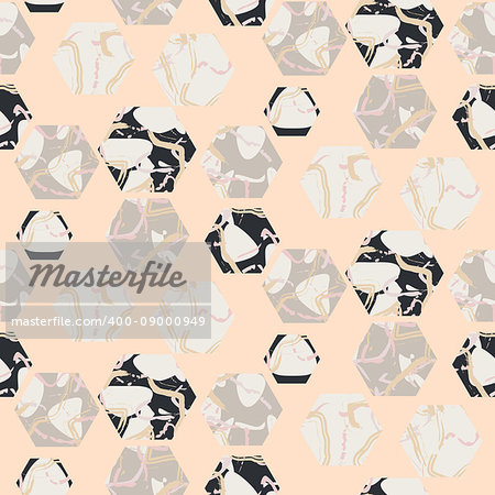 Marble stone hexagons seamless pale pink vector texture. Stone grey and black geo vector background.