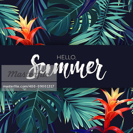 Green summer tropical background with exotic palm leaves and flowers. Vector floral background.