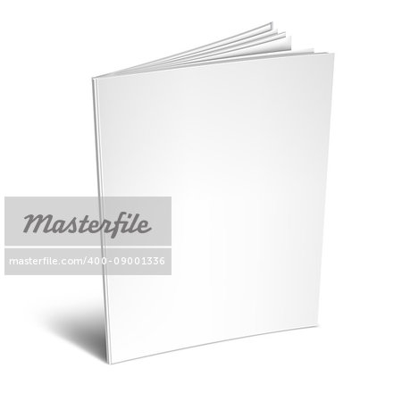 Opened book or magazine with empty blank pages and cover. White object mockup or template isolated on white background