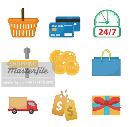 Shopping icon set, flat style. Shop icons collection isolated on white background. Store objects and items. Vector illustration, clip-art