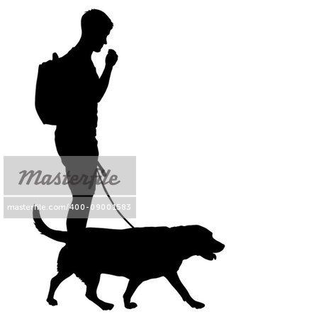 Silhouette of man and dog on a white background.