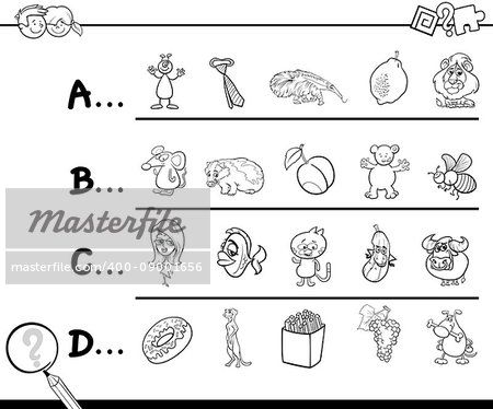 Black and White Cartoon Illustration of Finding Picture Starting with Referred Letter Educational Game Worksheet for Children Coloring Book