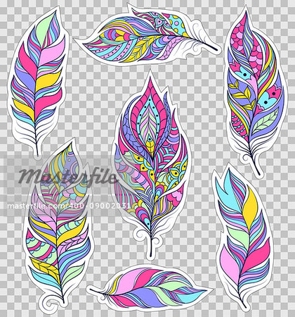 Set of colorful feathers on transparent background. Stickers for scrapbooking,gift boxes,skins,cases,wallets etc. Vector illustration.