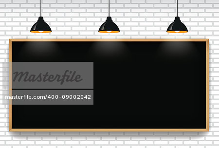 Blank blackboard in white brick wall background with 3 hanging light