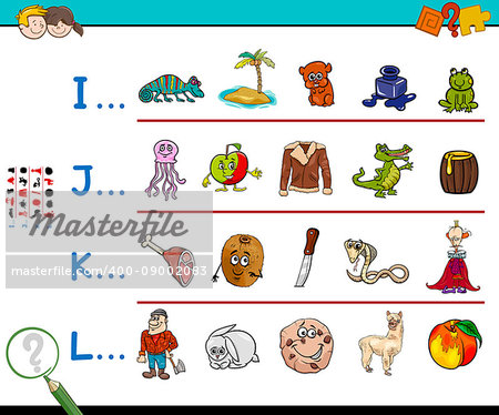 Cartoon Illustration of Finding Pictures Starting with Referred Letter Educational Activity Game Worksheet for Children