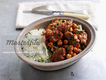 Bowl of couscous, meat and chick peas